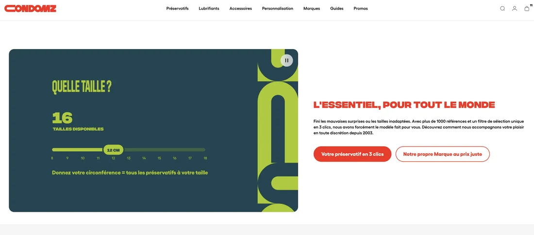 Aperçu de la future page d'accueil de Condomz.com : à gauche, un curseur « Quelle taille ? » indique 16 tailles disponibles ; à droite, le titre « L'essentiel, pour tout le monde », un texte sur plus de 1000 références et deux boutons, « Votre préservatif en 3 clics » et « Notre propre marque au prix juste ».