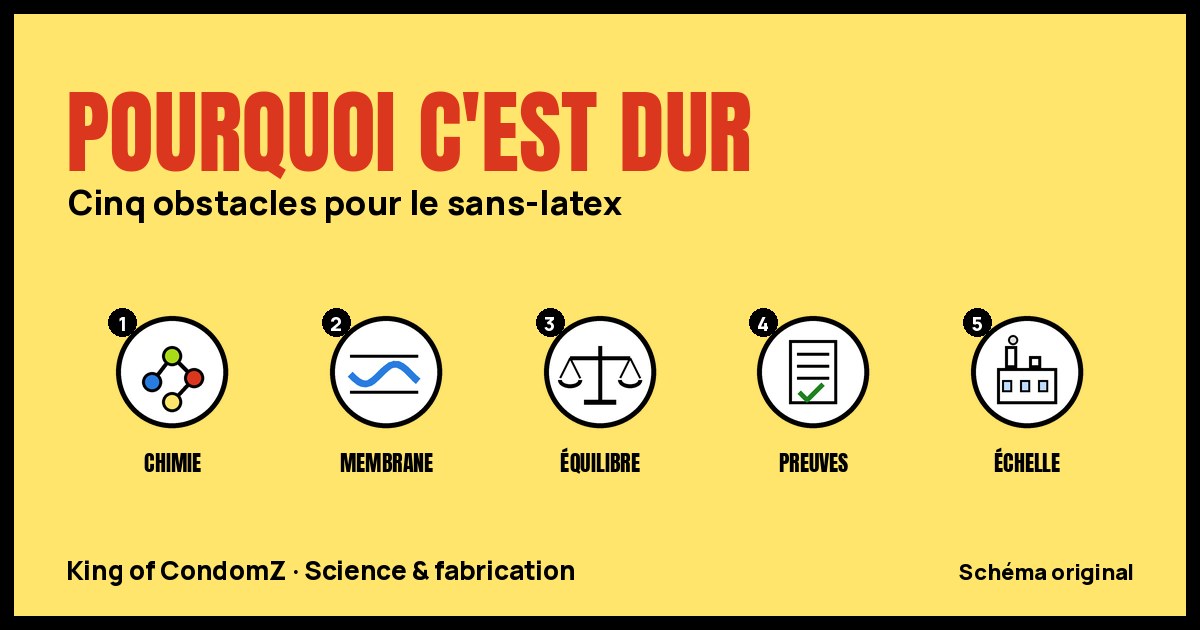 Schéma des cinq obstacles du sans-latex : chimie, membrane, équilibre des propriétés, preuves et échelle industrielle.