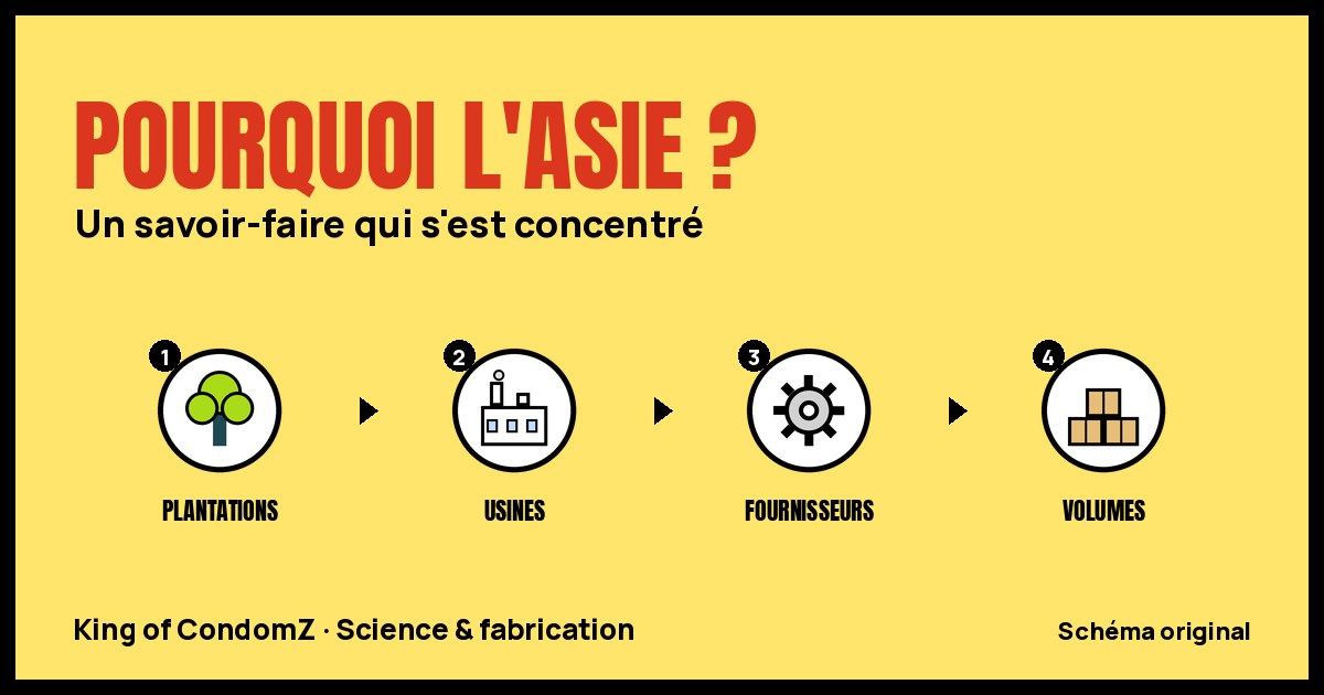 Schéma en quatre étapes expliquant la concentration asiatique : plantations, usines, fournisseurs, volumes.
