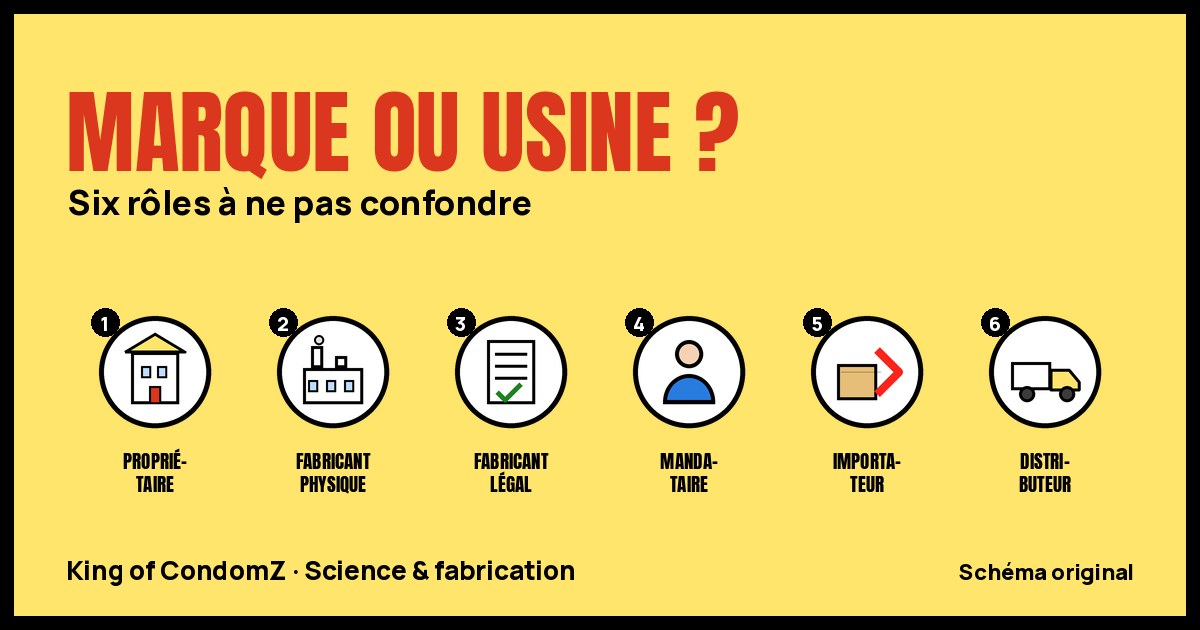 Schéma des six rôles à ne pas confondre : propriétaire, fabricant physique, fabricant légal, mandataire, importateur, distributeur.