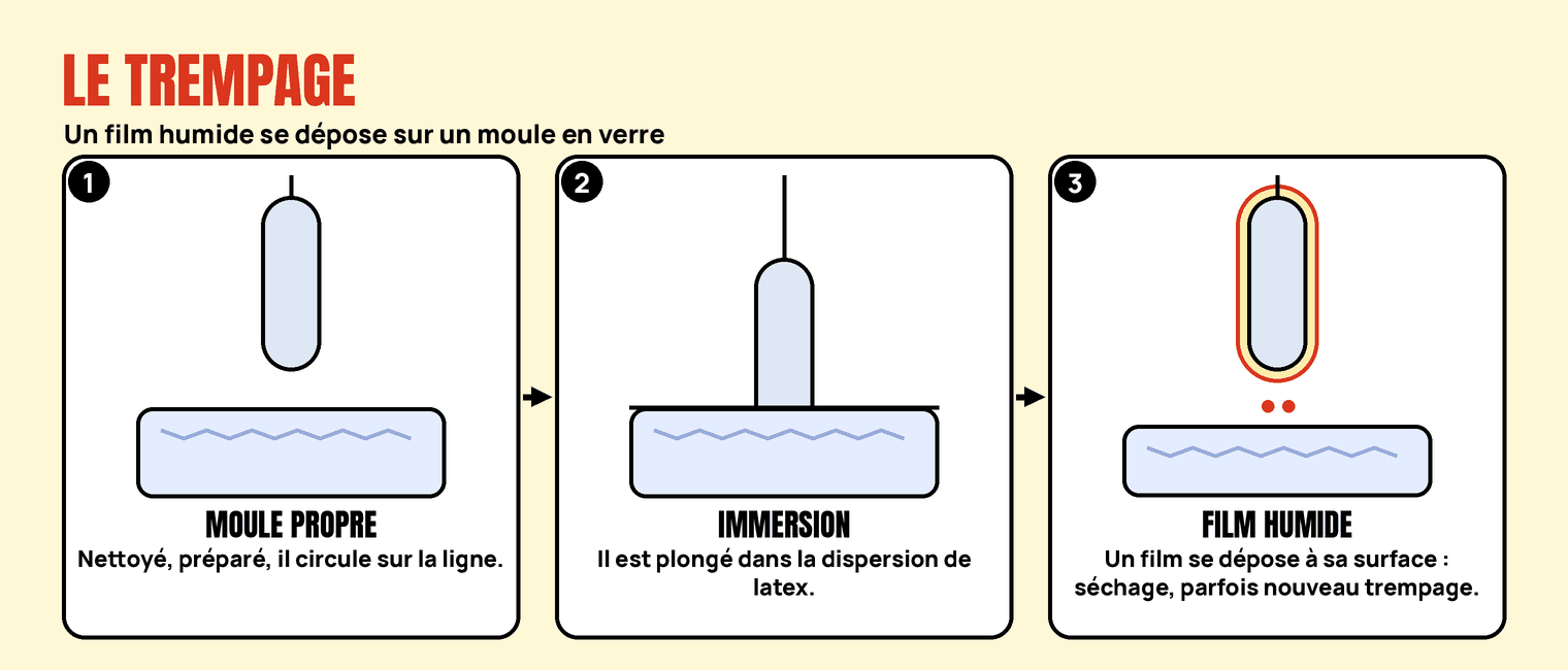 Trois étapes du trempage : un moule propre, son immersion dans le bain de latex, puis le film humide déposé à sa surface.