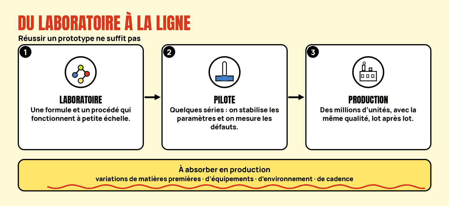Trois étapes : laboratoire, pilote, production, avec les variations à absorber (matières, équipements, environnement, cadence).