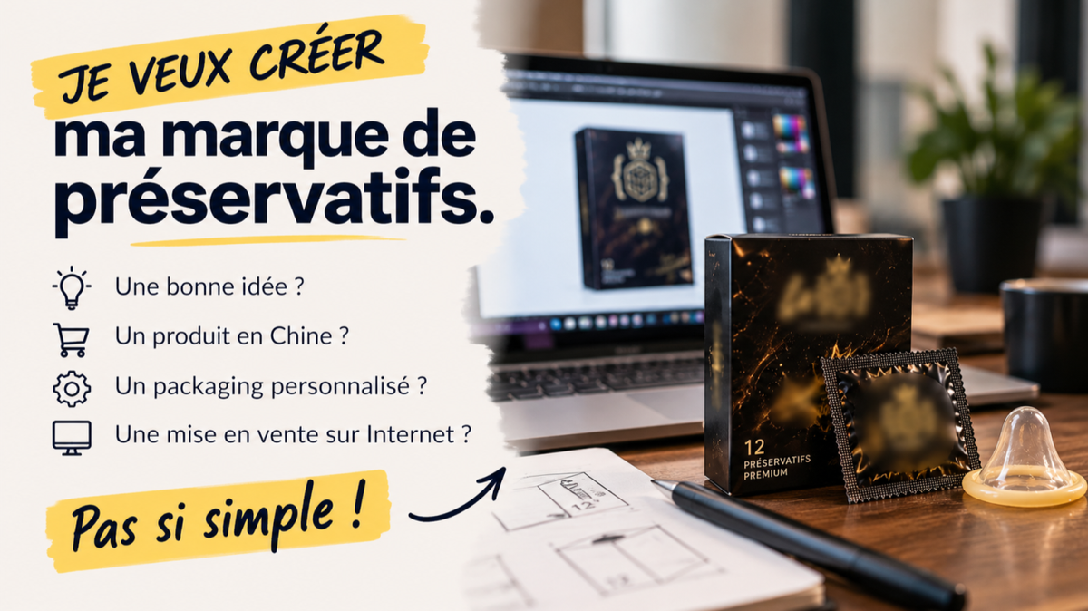 « Je veux créer ma marque de préservatifs » : boîte noire de 12 préservatifs sur un bureau devant un ordinateur, et « Pas si simple ! »
