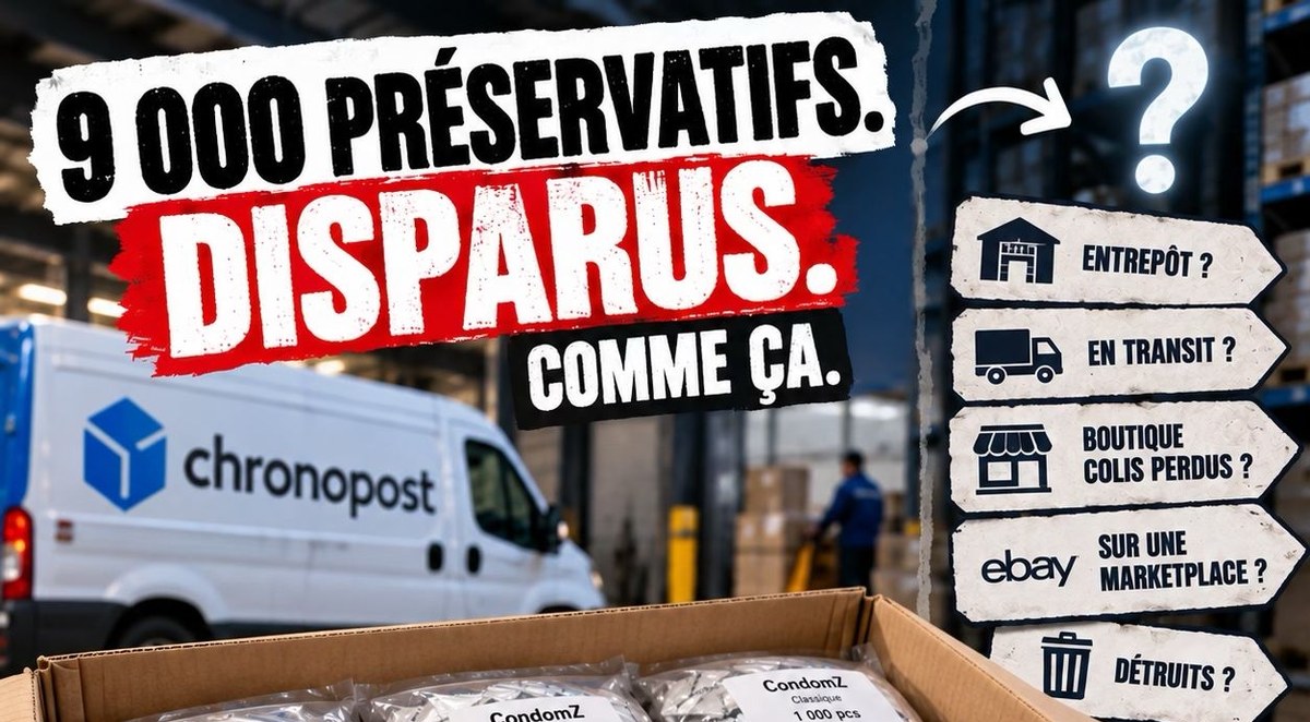 Camionnette Chronopost devant un entrepôt et carton de préservatifs CondomZ, avec le texte « 9 000 préservatifs. Disparus. Comme ça. »