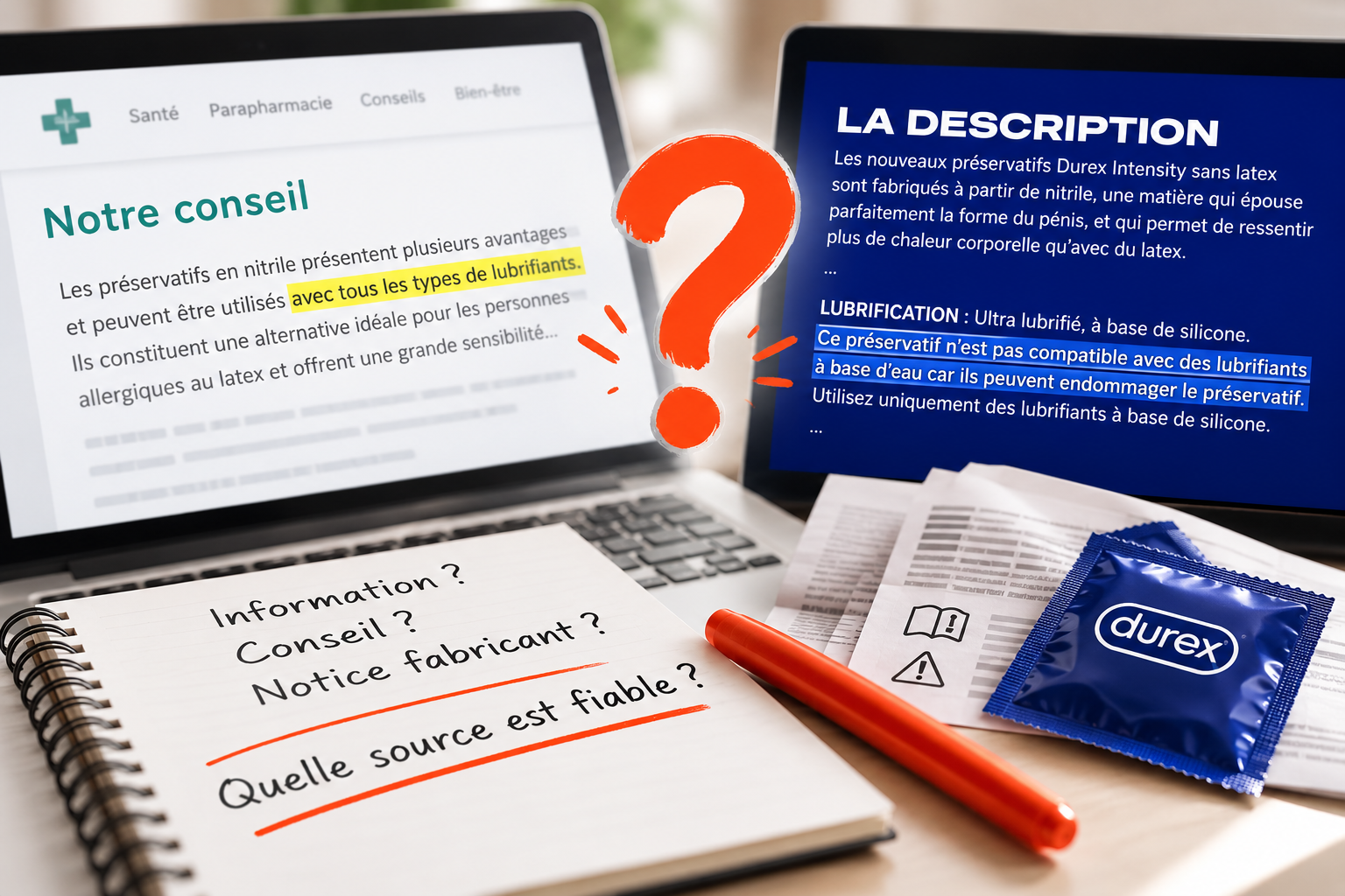 Comparaison entre les recommandations officielles Durex Intensity et les conseils publiés sur un site de parapharmacie