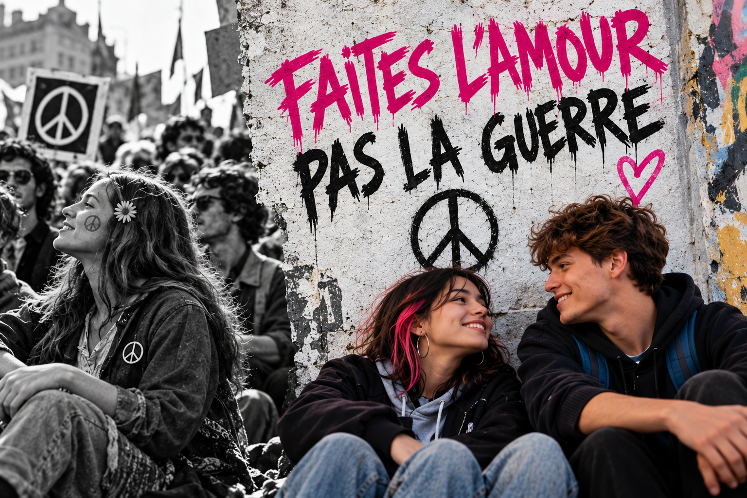 Deux générations, des années 60 à aujourd'hui, réunies autour du slogan Faites l'amour, pas la guerre.