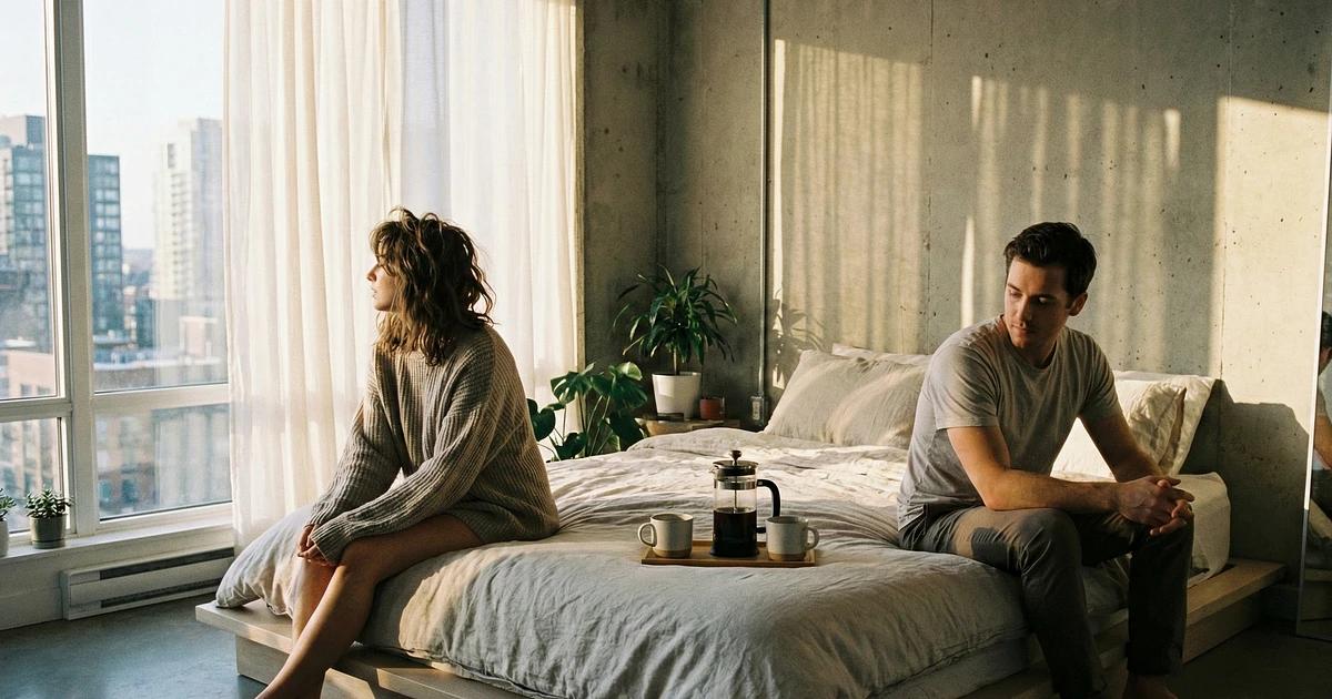 Un couple assis à distance sur un lit, illustrant les différences de désir, le dialogue et l'évolution de la sexualité dans le couple.