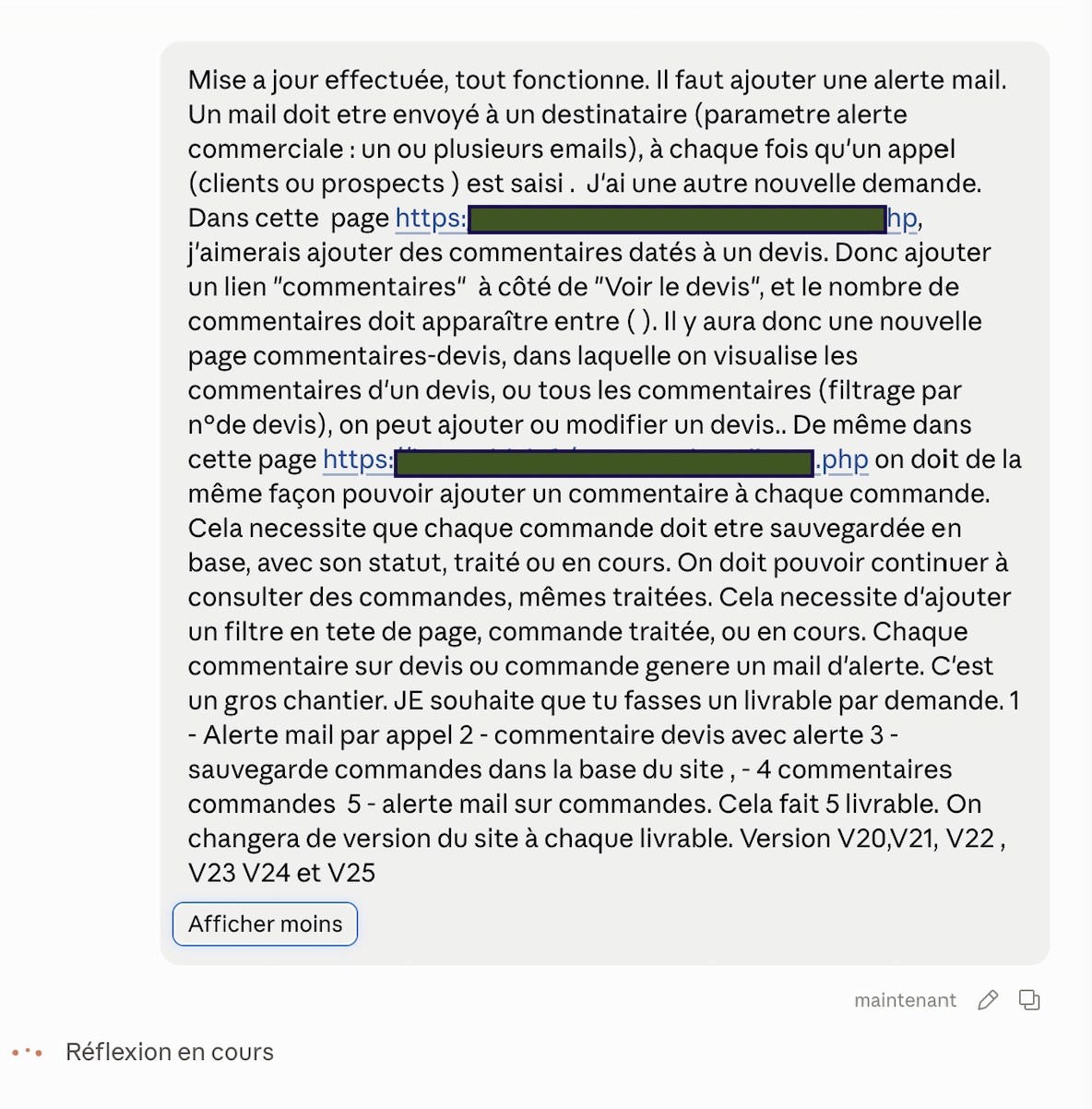 Exemple de prompt IA pour développer l'intranet de MB LAB : alertes commerciales, commentaires sur les devis et suivi des commandes.