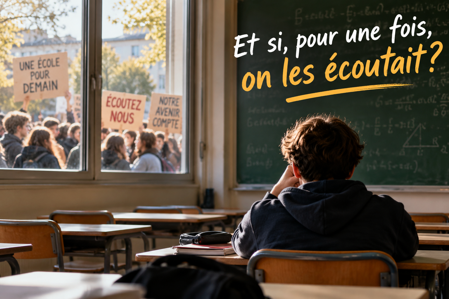 Un lycéen seul dans une salle de classe regarde une manifestation de jeunes réclamant une école qui écoute leurs préoccupations.