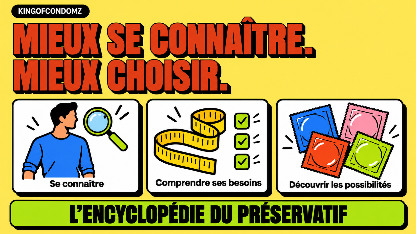 Encyclopédie ouverte illustrant la connaissance du corps et le choix des préservatifs, avec le titre « Mieux se connaître. Mieux choisir. »