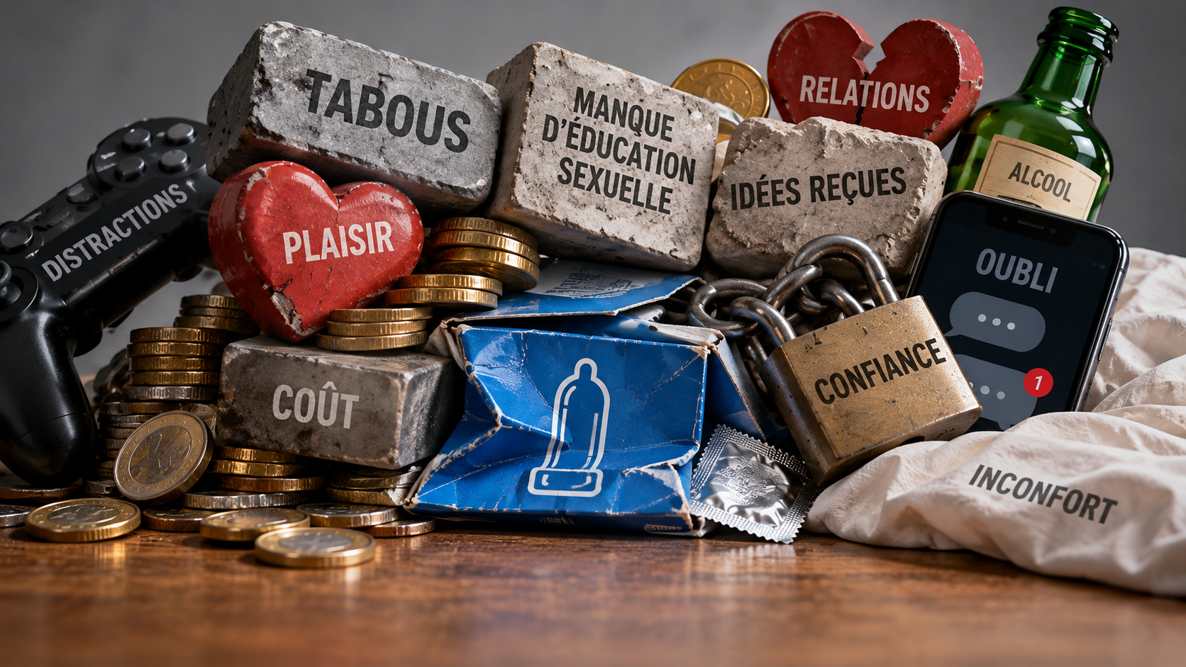 « Boîte de préservatifs écrasée sous le poids des freins à leur utilisation : tabous, coût, manque d’éducation sexuelle, idées reçues, inconfort et peur de perdre du plaisir. »